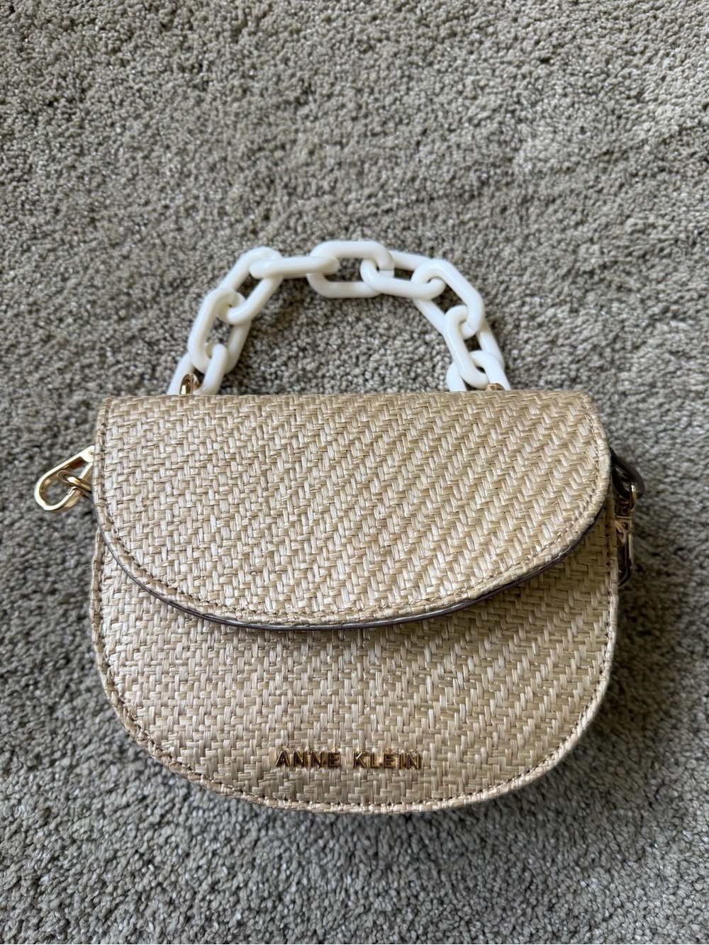 Anne Klein Cream Woven Mini Satchel with White Chain Handle